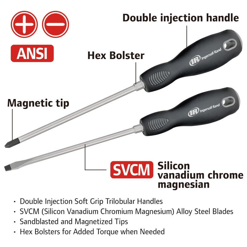 Ingersoll Rand Hand Tools Ingersoll Rand 9-Piece Screwdriver Set, Slotted (1/4"x1.5", 1/4"x4", 5/16"x6"), Phillips (#2x1.5", #2x4", #3x6"), Offset (3/16"x#1, 1/4"x#2) â€“ SVCM Steel, Magnetized Tips, Hex Bolsters â€“ 752059X - Image 3