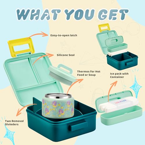 PIQUEBAR Bento Lunch Box for Kids with 8oz Soup Thermo Leak-Proof Lunch Food Containers with Snack Sauce Container for Kid Girls Boys to School (Yellow Mermaid) - Image 2