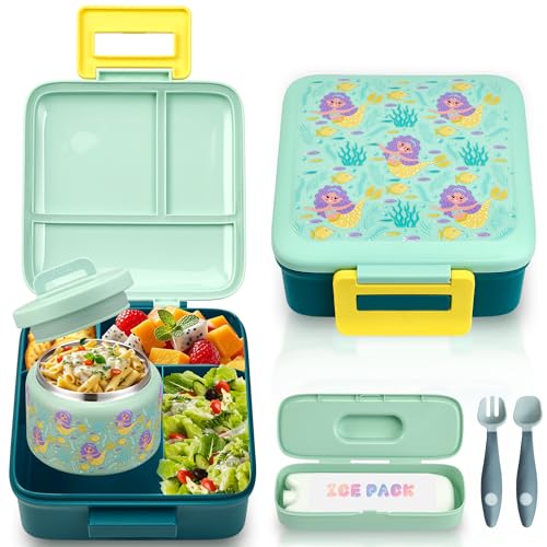 PIQUEBAR Bento Lunch Box for Kids with 8oz Soup Thermo Leak-Proof Lunch Food Containers with Snack Sauce Container for Kid Girls Boys to School (Yellow Mermaid) - Image 1