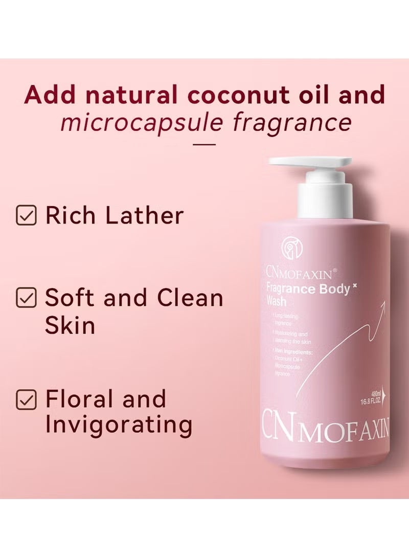 CNMOFAXIN Fragrance Body Wash with Long Lasting Scent (480ml x 2 Pack) – Moisturizing & Hydrating Body Cleanser with Coconut Oil & Microcapsule Fragrance Technology – Organic & Skin Friendly - Image 5