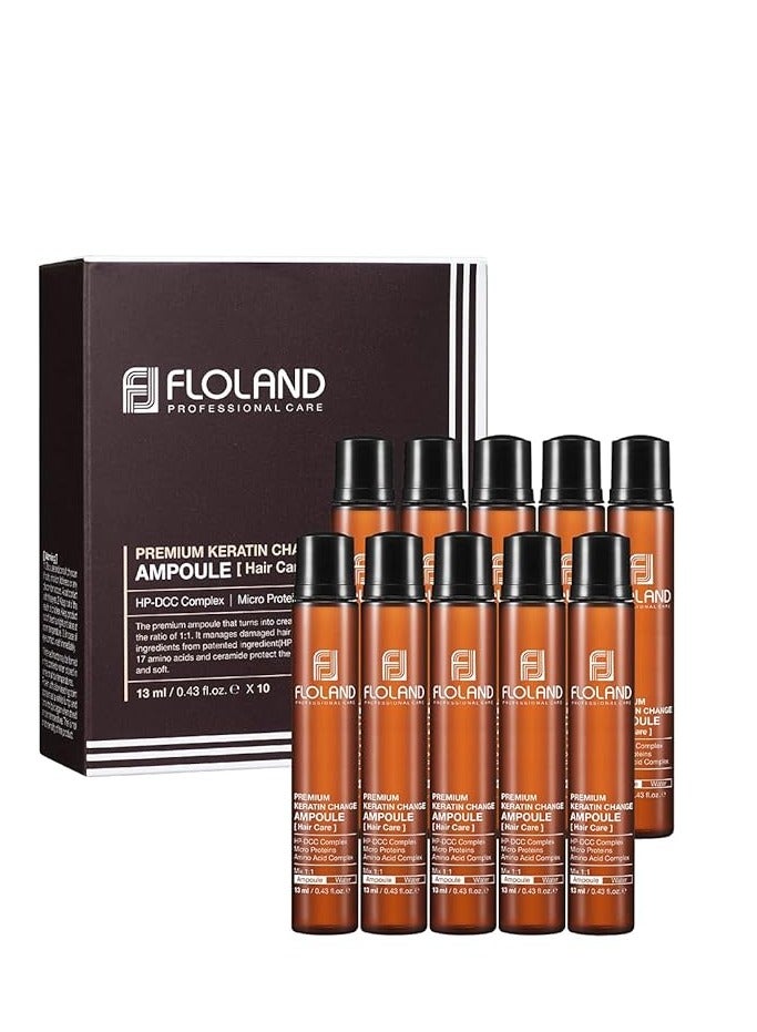 Floland Keratin Change Ampoule - Deep Conditioner Damage Repair Hair Mask Treatment for Perm, Bleached, Color, Dry Breakage, Frizz - Intensive Amino Acid Smooth Hair Protein Filler 13ml Set of 10