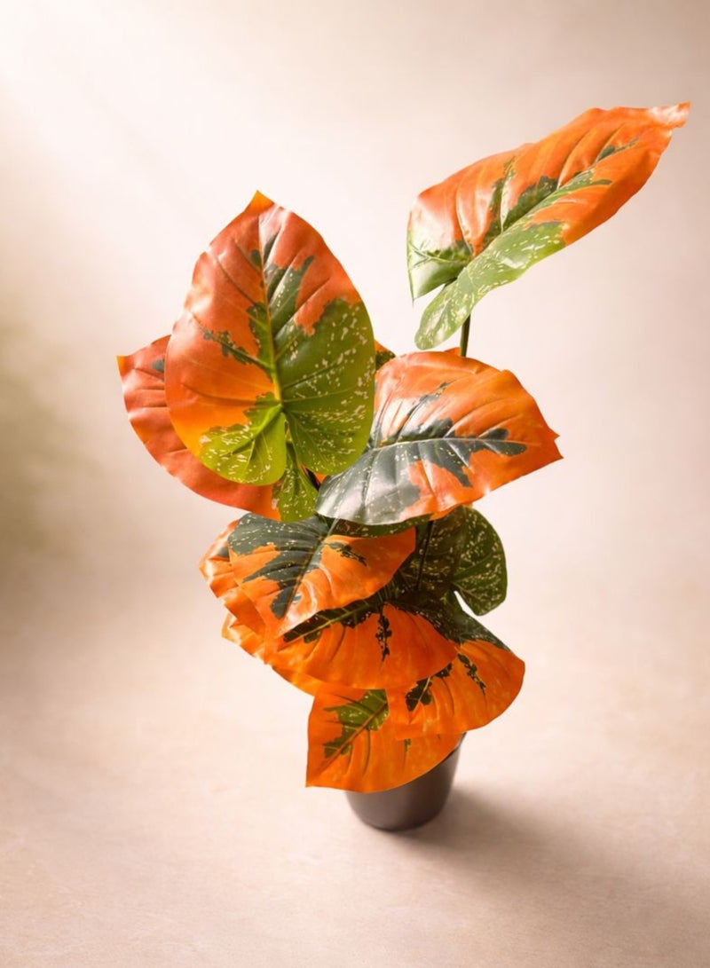 نبات زينة اصطناعي فاخر بأوراق برتقالية وخضراء - نبات داخلي صناعي واقعي في أصيص لتزيين المنزل والمكتب وغرفة المعيشة. - Image 4