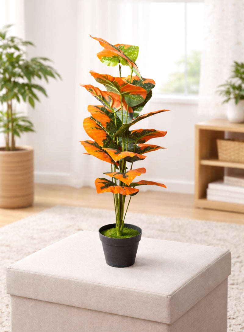 نبات زينة اصطناعي فاخر بأوراق برتقالية وخضراء - نبات داخلي صناعي واقعي في أصيص لتزيين المنزل والمكتب وغرفة المعيشة. - Image 2