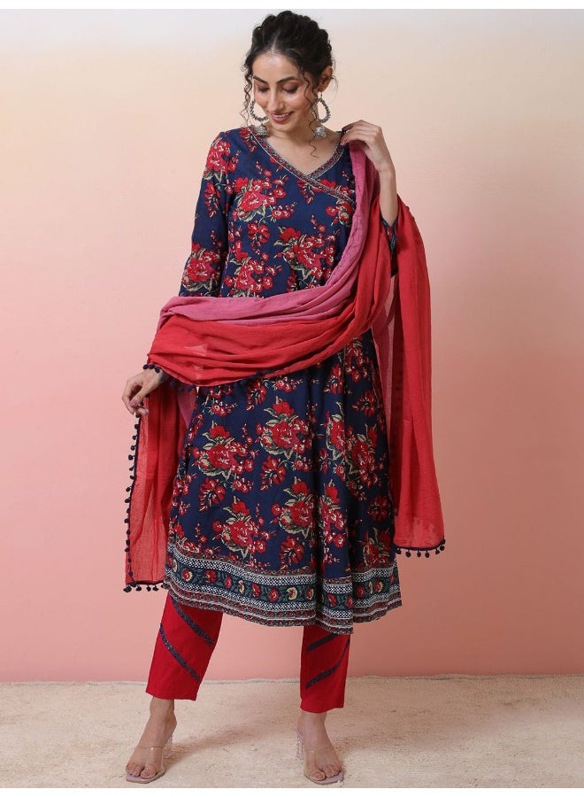 AKS Floral Printed V-Neck Pure Cotton Kurta & Trousers With Dupatta  - Image 1