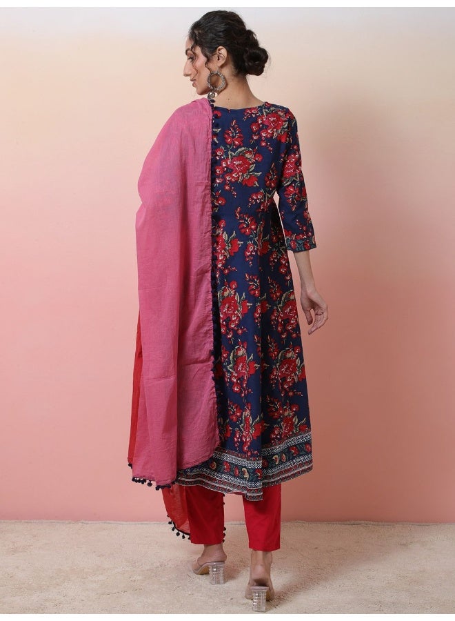 AKS Floral Printed V-Neck Pure Cotton Kurta & Trousers With Dupatta  - Image 5
