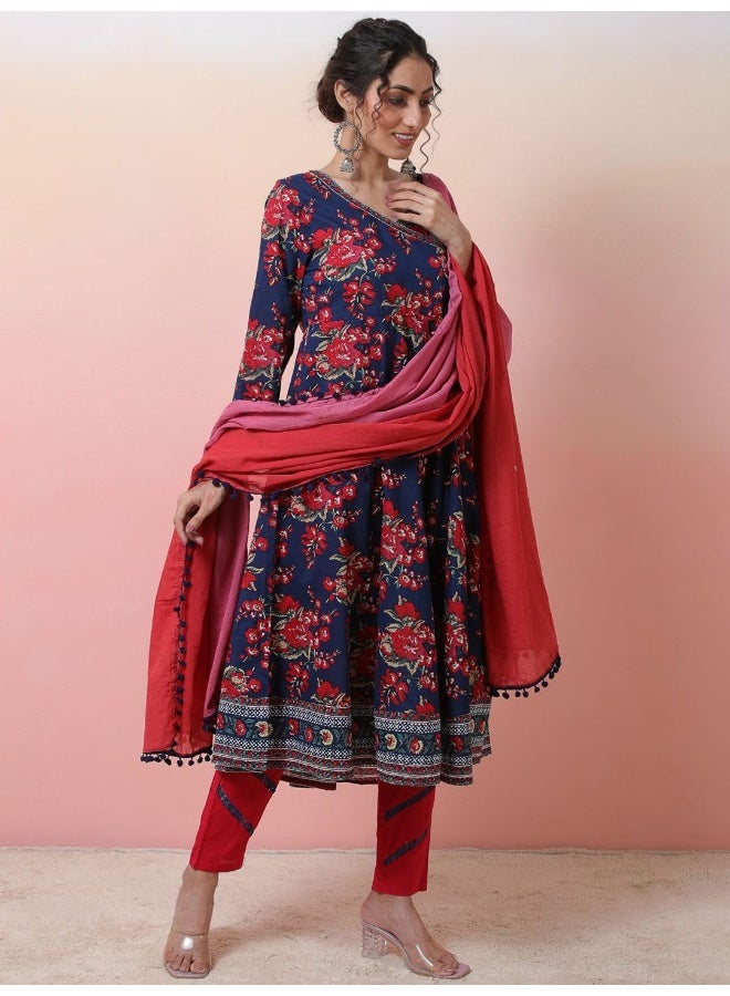 AKS Floral Printed V-Neck Pure Cotton Kurta & Trousers With Dupatta  - Image 3