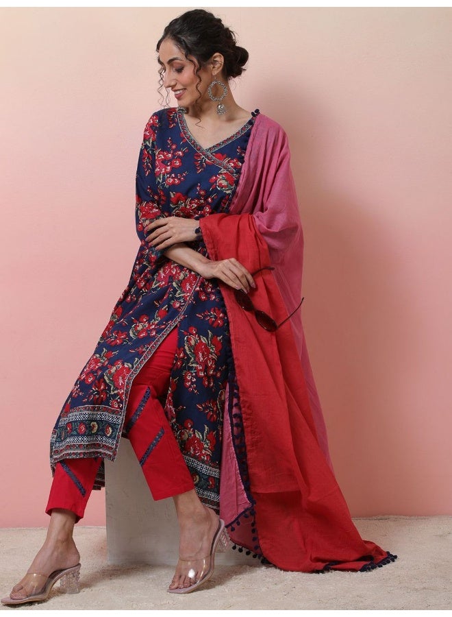 AKS Floral Printed V-Neck Pure Cotton Kurta & Trousers With Dupatta  - Image 4