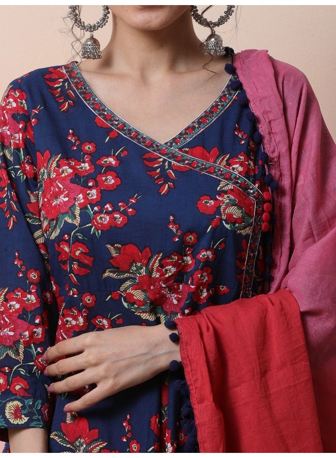AKS Floral Printed V-Neck Pure Cotton Kurta & Trousers With Dupatta  - Image 2