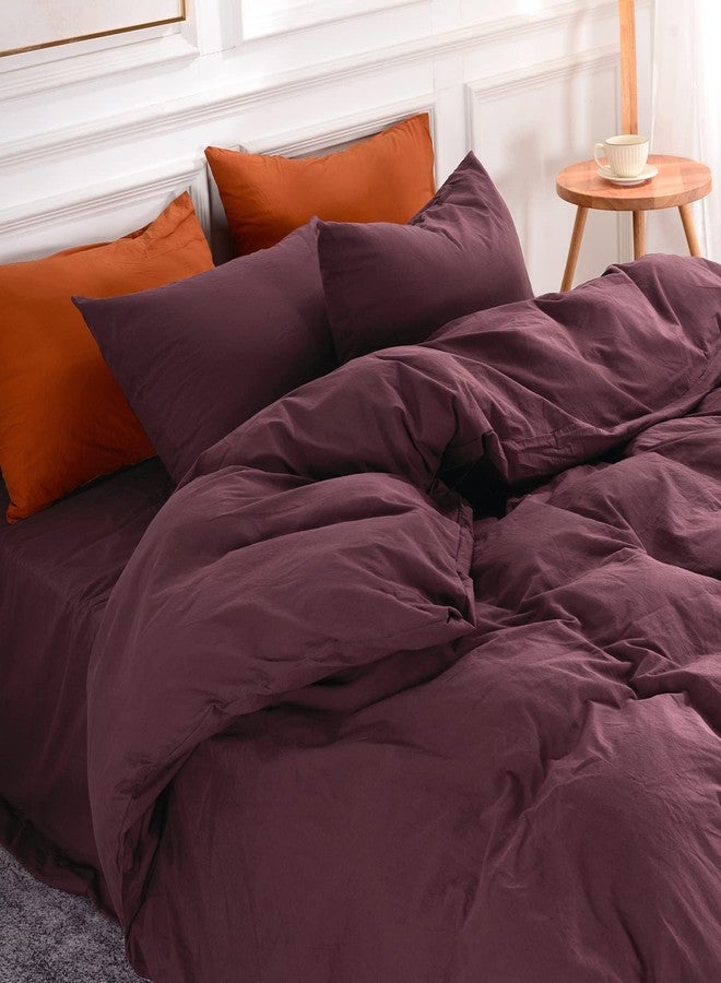 NEXHOME PRO Duvet Cover Set Queen Size Linen Look Textured 100% Washed Cotton Duvet Cover Burgundy Dark Red 3 Pieces Bedding Set with Zipper Closure,Breathable, Soft Organic Natural(No Comforter) - Image 1