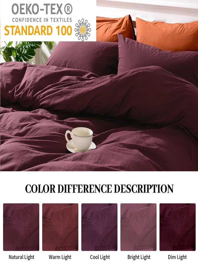 NEXHOME PRO Duvet Cover Set Queen Size Linen Look Textured 100% Washed Cotton Duvet Cover Burgundy Dark Red 3 Pieces Bedding Set with Zipper Closure,Breathable, Soft Organic Natural(No Comforter) - Image 4