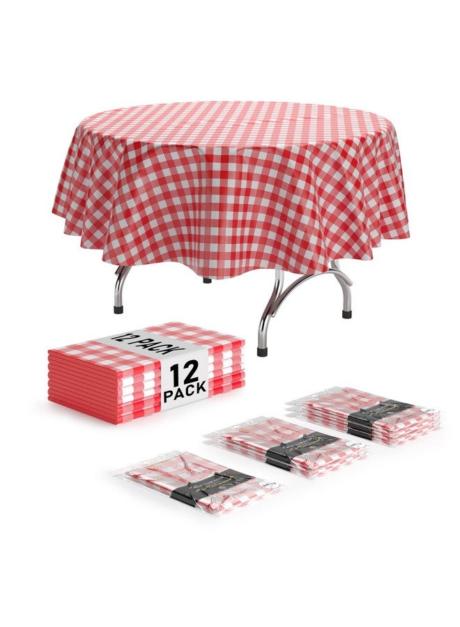 Exquisite 12 Pack Premium Round Plastic Checkered BBQ Tablecloth - Red & White Gingham Checkerboard Disposable Plastic Tablecloth 84 inch. Round - Image 1