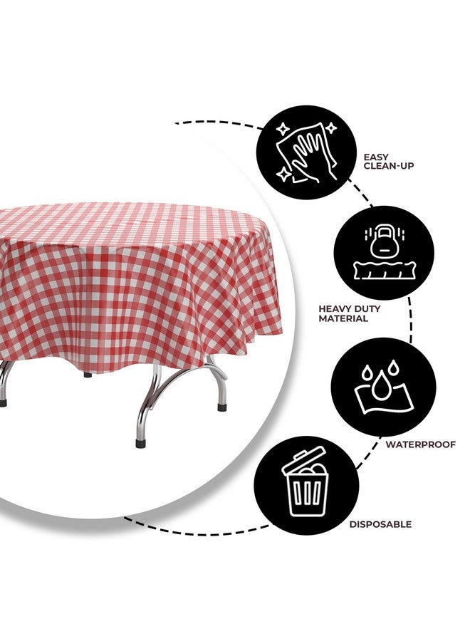 Exquisite 12 Pack Premium Round Plastic Checkered BBQ Tablecloth - Red & White Gingham Checkerboard Disposable Plastic Tablecloth 84 inch. Round - Image 4