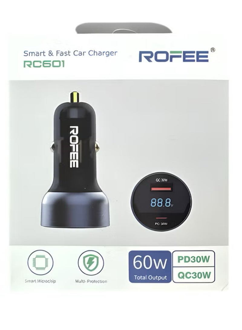 روفی USB C USB A شاحن سيارة شحن سريع ثنائي المنفذ محول هاتف السيارة PD 60W أو QC 30W /RC601 - Image 3