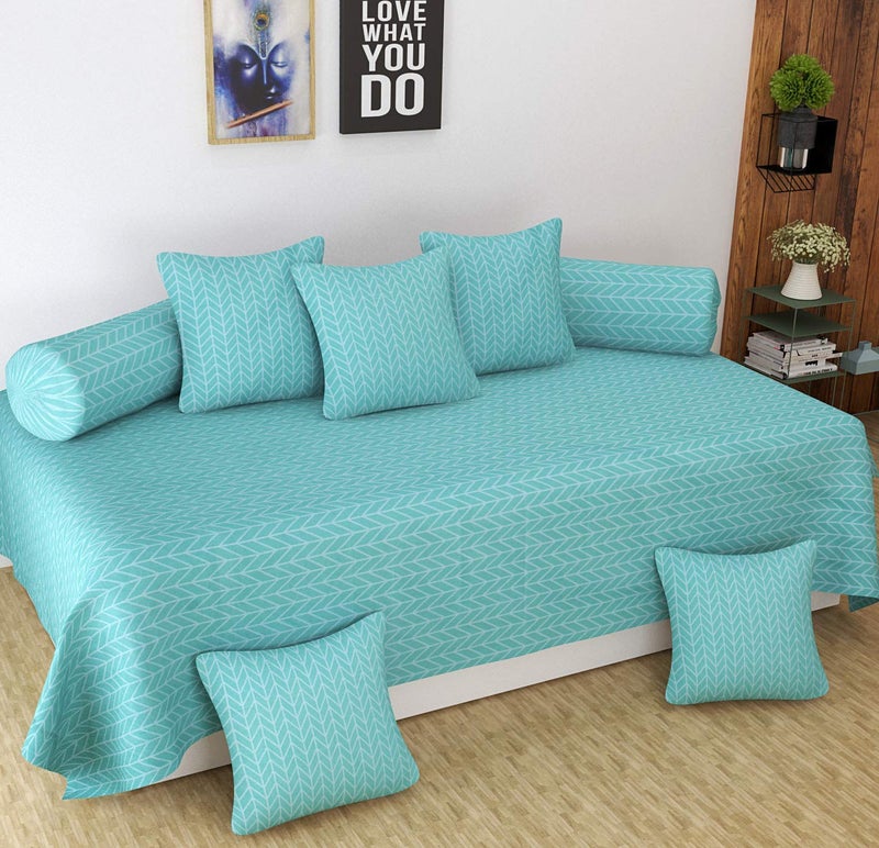 Castiqa Microfibre Unique Patterns Diwan Set Covers 8 Pcs Set of 1 Bedsheet 2 Bolsters and 5 Cushion Covers (Sea Green Floral) - Image 1