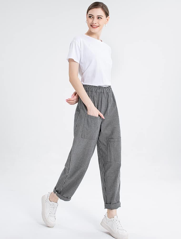 Minibee Women's Wide Leg Harem Pants Cotton Linen Striped Casual Palazzo Pants with Pockets Stripes-Gray XL - Image 3