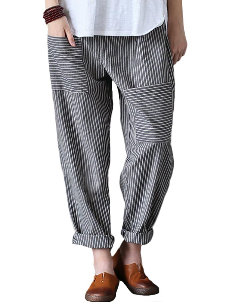 Minibee Women's Wide Leg Harem Pants Cotton Linen Striped Casual Palazzo Pants with Pockets Stripes-Gray XL - Image 1