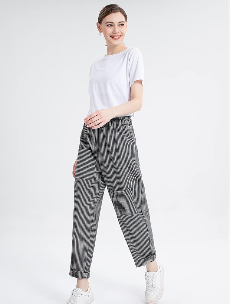Minibee Women's Wide Leg Harem Pants Cotton Linen Striped Casual Palazzo Pants with Pockets Stripes-Gray XL - Image 4