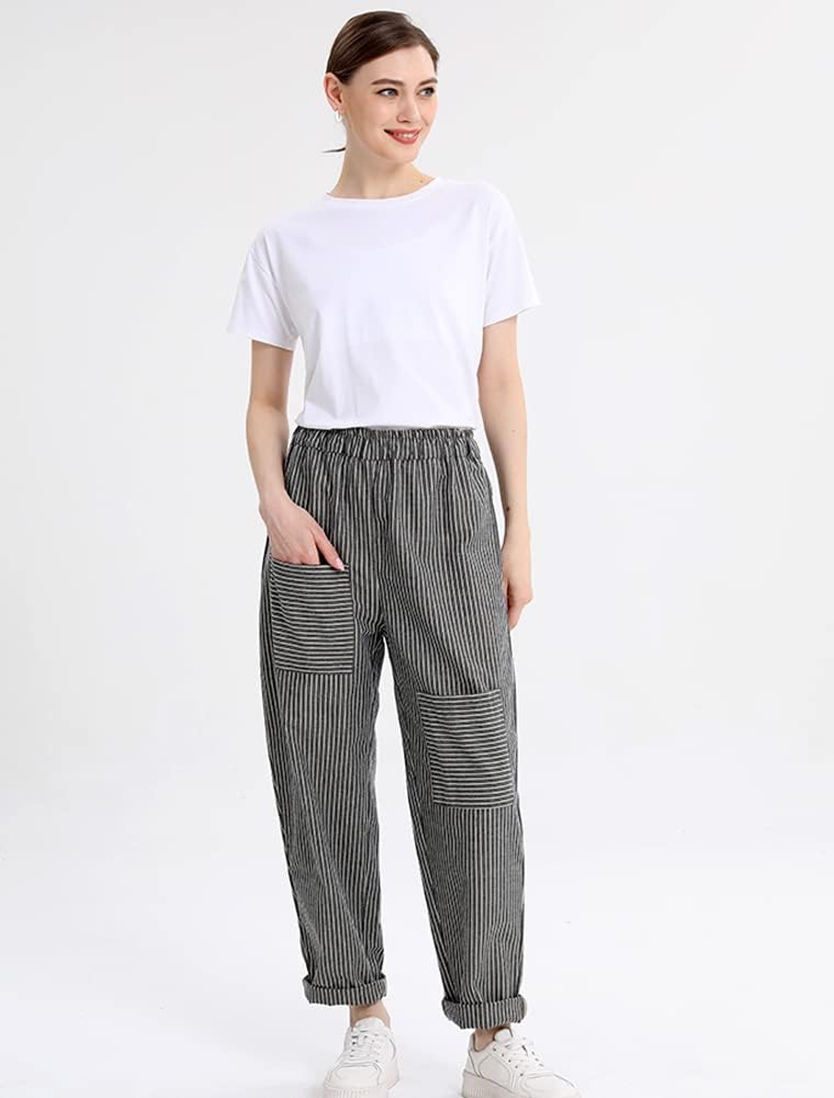 Minibee Women's Wide Leg Harem Pants Cotton Linen Striped Casual Palazzo Pants with Pockets Stripes-Gray XL - Image 2