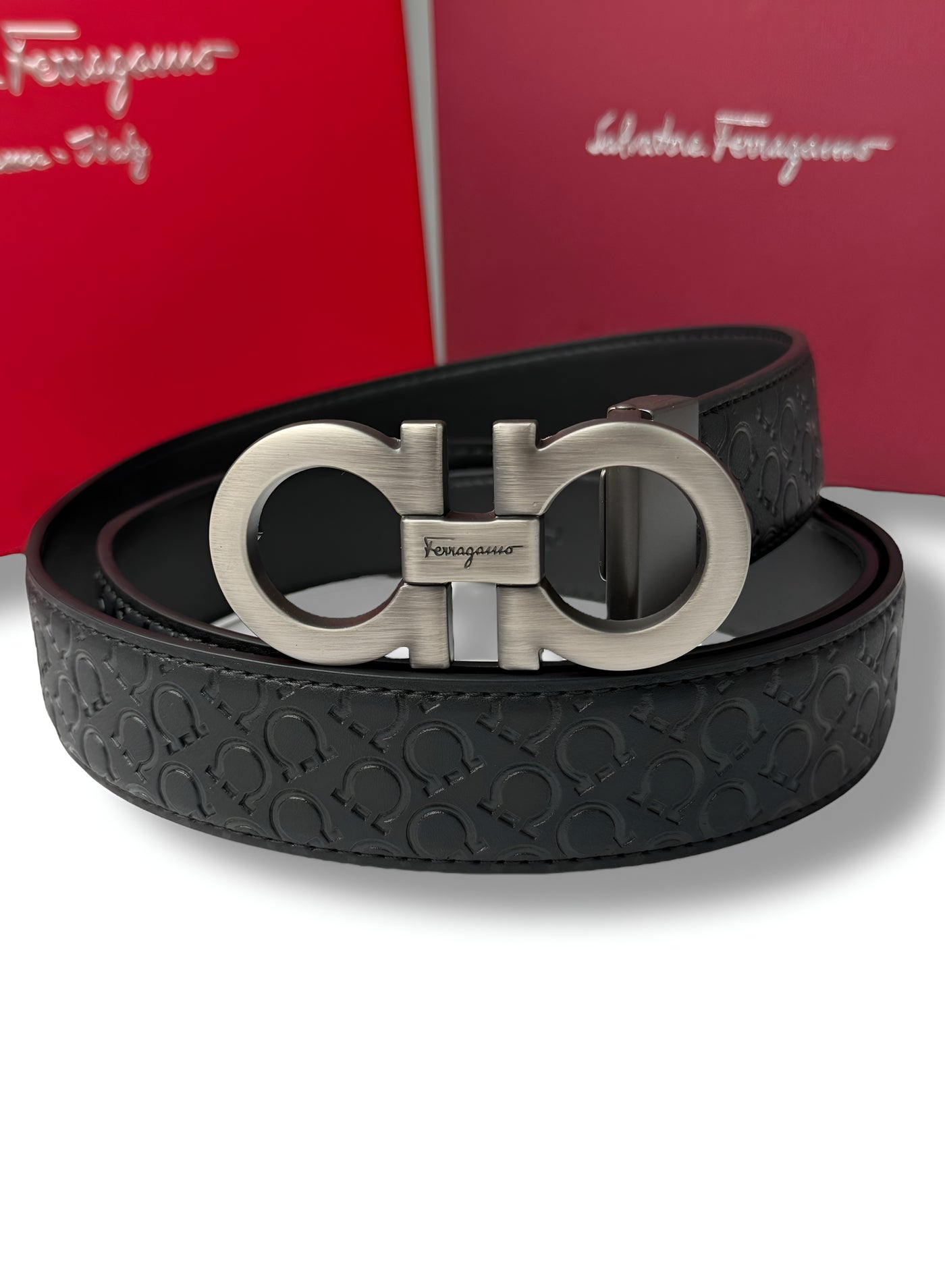 SALVATORE FERRAGAMO Black Embossed Leather Logo Belt with Silver logo Buckle Salvatore Ferragamo black leather... | Depop main image 2