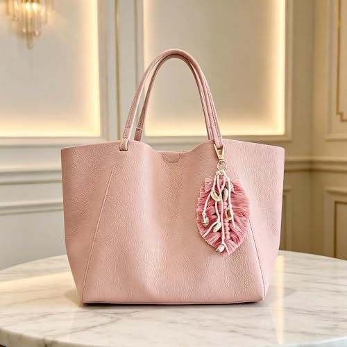 QTMY Shell Leaf Feather Tassel Keychain for Women,Cute Boho Bag Charm Pendant Keyring Purse Handbag Decor (Pink) - Image 4
