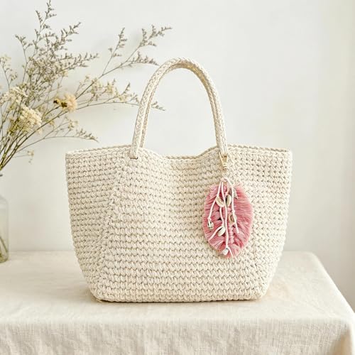 QTMY Shell Leaf Feather Tassel Keychain for Women,Cute Boho Bag Charm Pendant Keyring Purse Handbag Decor (Pink) - Image 3