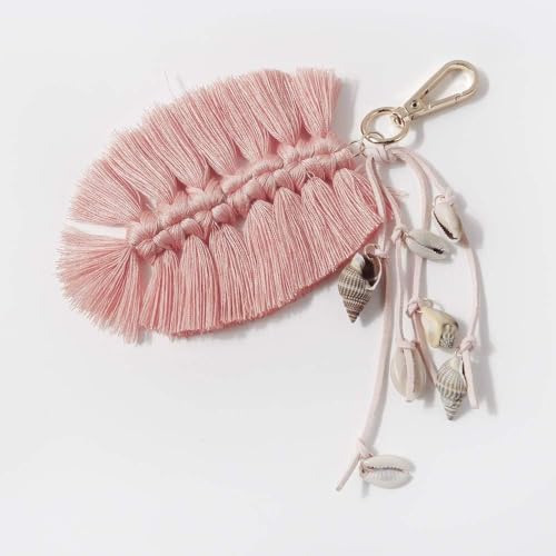 QTMY Shell Leaf Feather Tassel Keychain for Women,Cute Boho Bag Charm Pendant Keyring Purse Handbag Decor (Pink) - Image 2