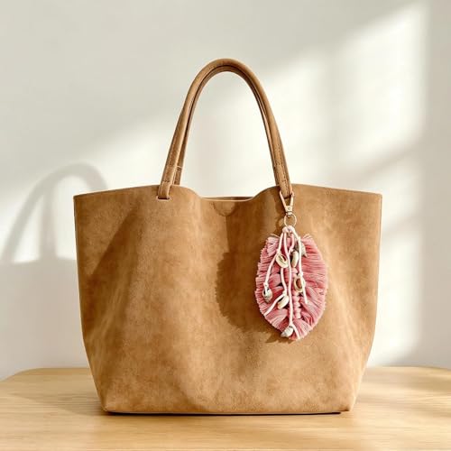 QTMY Shell Leaf Feather Tassel Keychain for Women,Cute Boho Bag Charm Pendant Keyring Purse Handbag Decor (Pink) - Image 5