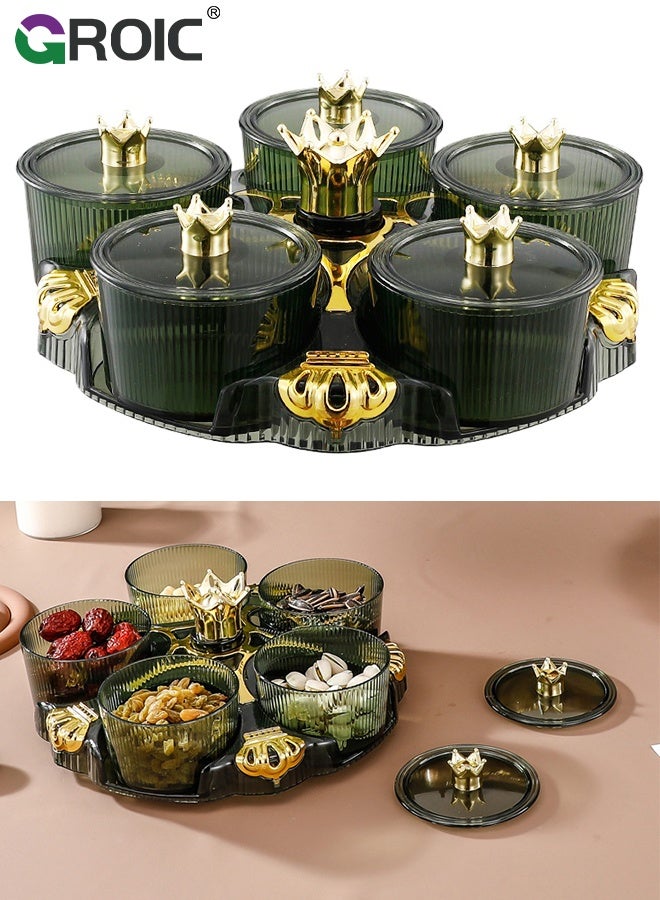 GROIC Snack Serving Tray, 5 Compartment Round Platter with lids, Removable Dried Fruit Organizer Plate for Candy Nut Cracker Chip,Classic Green Snack Platter for Living Room, Weddings and Festivals - Image 1