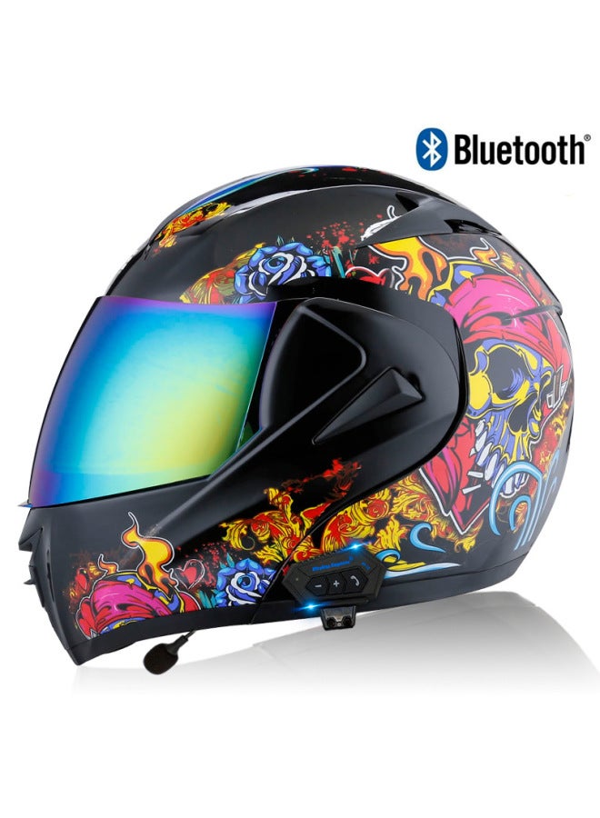 Bluetooth Open Face Motorcycle Helmet for Men, 3C Certified, Bright Black Skull with Colorful Mirror Visor