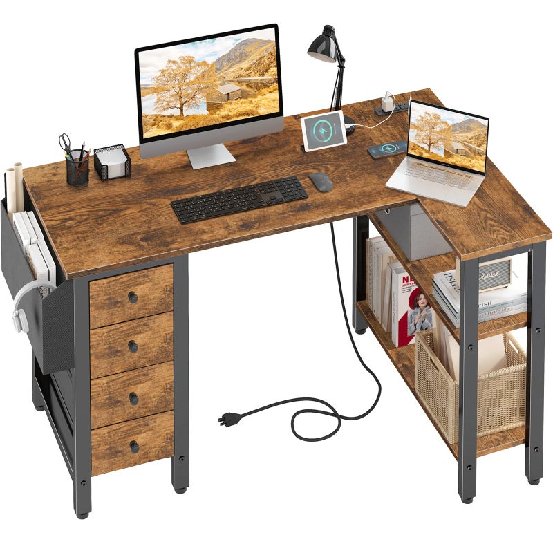 Lufeiya L Shaped Computer Desk with Drawers  Storage Shelves 47 Inch Small Reversible Corner Desk with Power Outlet for Home Office Bedroom LShaped Gaming PC Desks with Fabric Drawer Rustic Brown