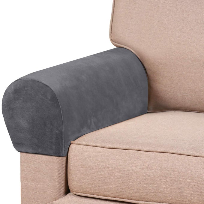 2 PACK THICK VELVET STRETCH ARMREST COVERS FOR CHAIRS AND SOFAS NON SLIP GREY