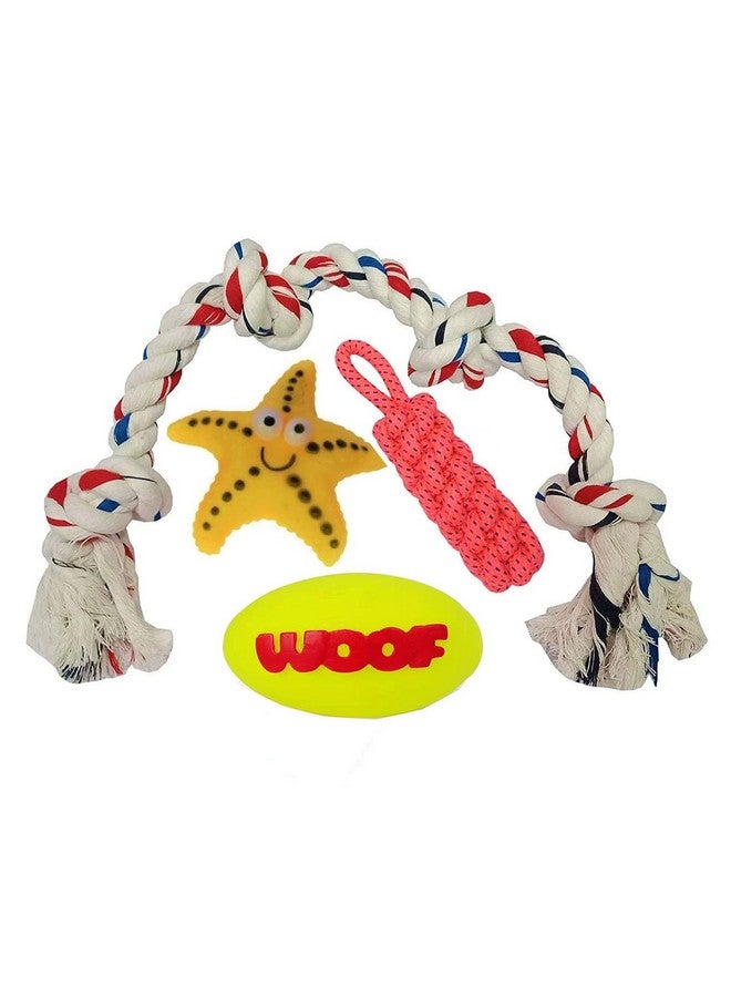 بت مجموعة من 4 ألعاب مطاطية صريرية من اللاتكس الطبيعي مع لعبة حبلية بأربع عقد للجراء من السلالات الصغيرة - حبل، كرة نباح، نجمة، دمبل معقود - Image 1