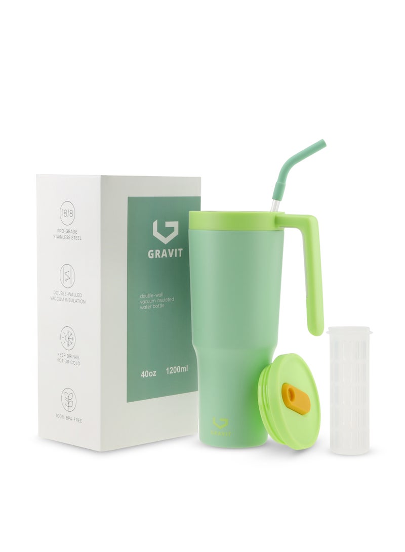 Gravit 1200ml Insulated Tumbler with FlowState Lid and Straw - Portable Quencher Travel Water Bottle with Fruit Infuser - Ideal for Cold Water, Iced Tea, Coffee, Smoothies for Gym (Green) - Image 2