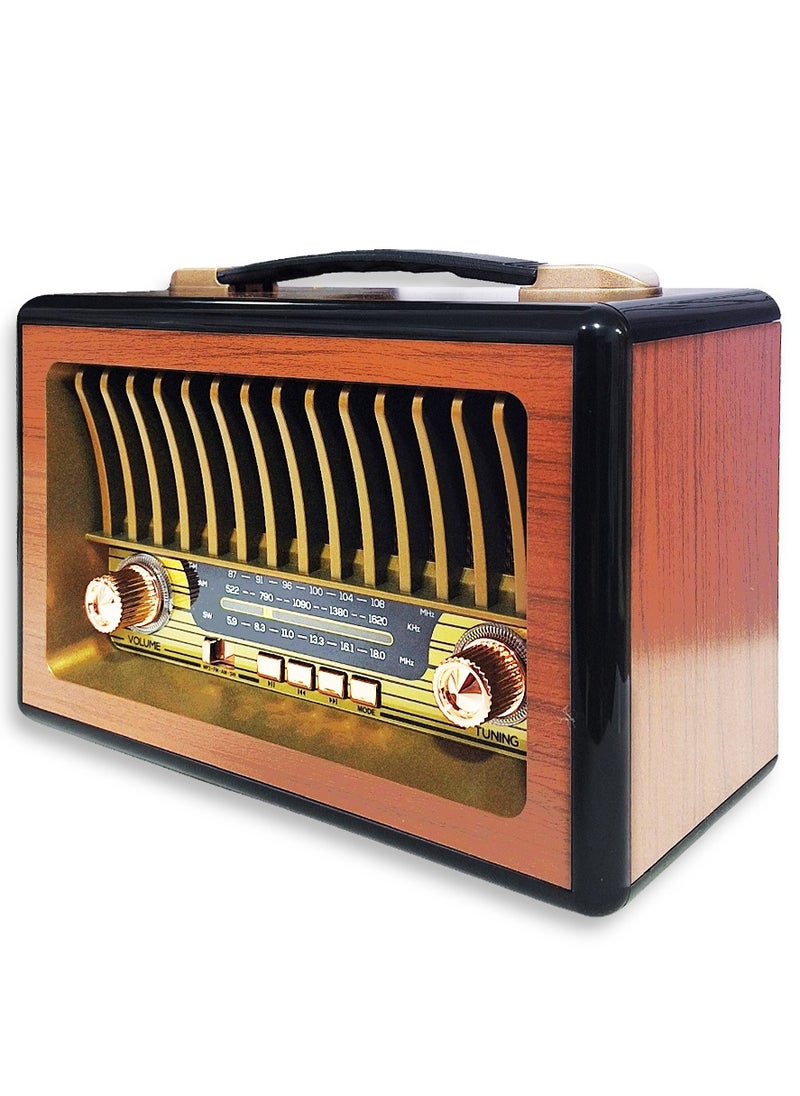 Generic - Bluetooth Wireless Audio Radio, Multifuncional Radio M1916BT 5V Audio Data Transmission with high quality sound TF Card, AUX Input, with Attractive Spectrum Light and Classic Design needs battery - Brown - Image 1