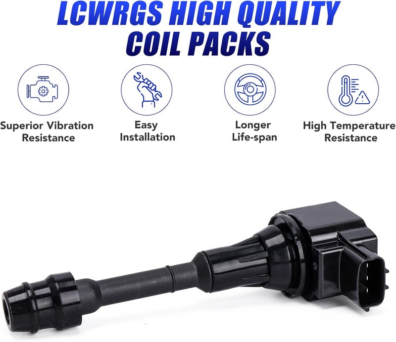 LCWRGS مجموعة LCWRGS من 4 حزم لفائف الإشعال وشمعات إيريديوم لسيارات نيسان ألتيما وسنترا 2.5L (2002-2006) - Image 2