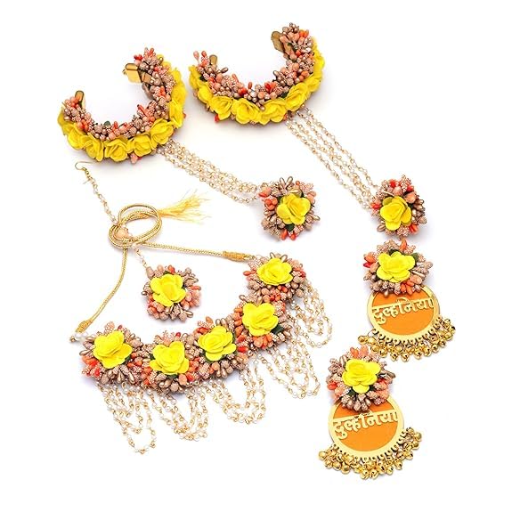 Vrindavanstore.in Artificial Floral Jewellery Set for Bride | Haldi Mehndi Function Accessories | Handmade Flower Necklace, Earrings, Maang Tikka & Haathphool Combo | Yellow & Peach Color Set for Women - Image 2