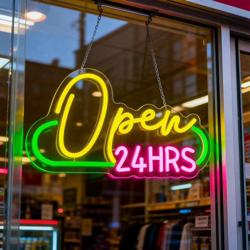 سلاسة لوحة نيون "مفتوح 24 ساعة" من SLASA، مقاس 22×40 سم، لوحة عرض LED متعددة الألوان، مناسبة للمقاهي والمطاعم والشركات، بقاعدة أكريليك 6 مم - Image 4