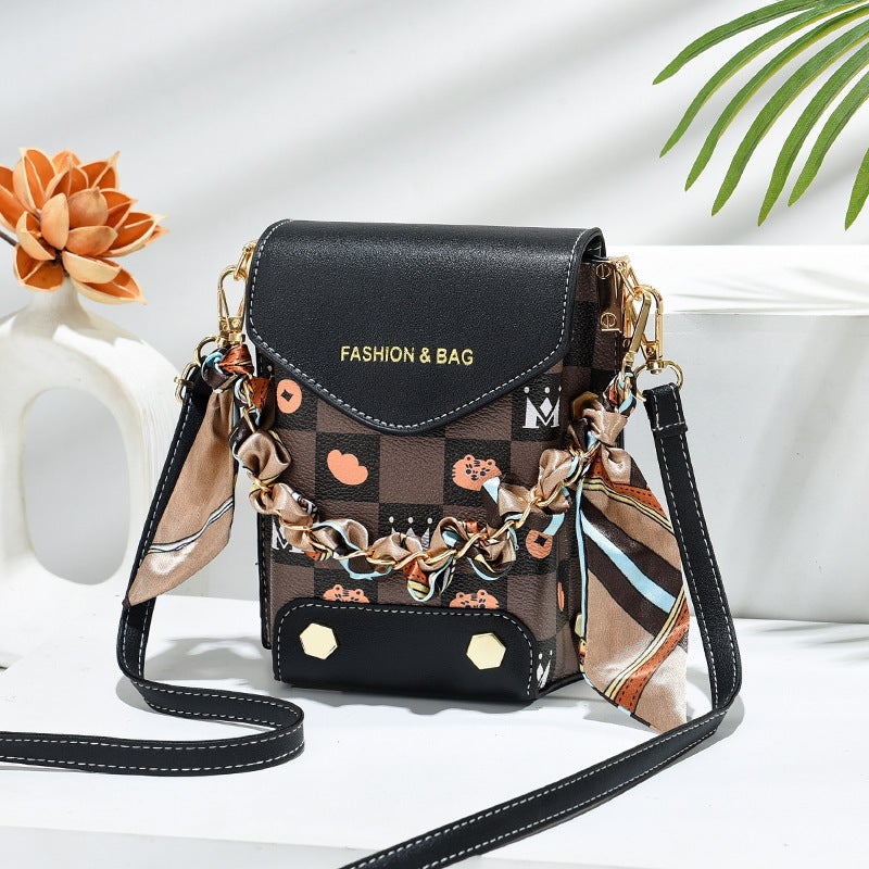 Crossbody Letter Printed Plaid Mobile Phone Bag Mini Tiger Head Coin Purse Silk Scarf Chain Mobile Phone Bag - Image 1