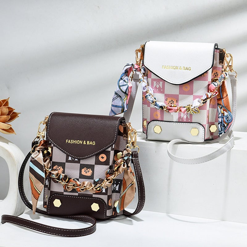 Crossbody Letter Printed Plaid Mobile Phone Bag Mini Tiger Head Coin Purse Silk Scarf Chain Mobile Phone Bag - Image 2