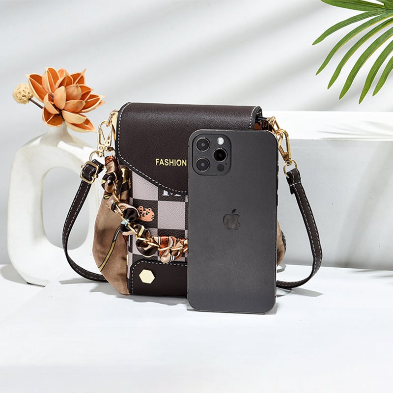 Crossbody Letter Printed Plaid Mobile Phone Bag Mini Tiger Head Coin Purse Silk Scarf Chain Mobile Phone Bag - Image 4