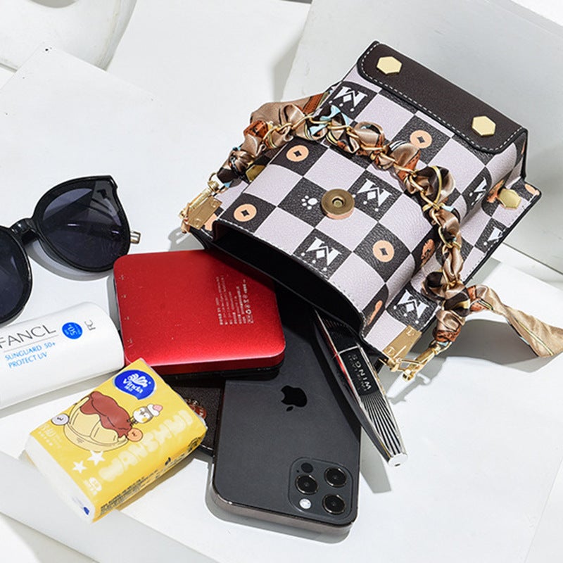 Crossbody Letter Printed Plaid Mobile Phone Bag Mini Tiger Head Coin Purse Silk Scarf Chain Mobile Phone Bag - Image 5
