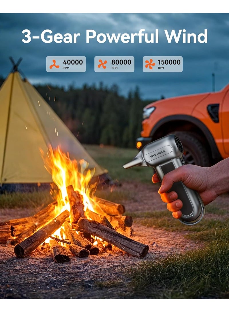 وولف بوكس منفاخ هواء كهربائي WOLFBOX MegaFlow100 بقوة فائقة تصل إلى 150,000 دورة في الدقيقة، مع 3 سرعات قابلة للتعديل، لاسلكي وقابل لإعادة الشحن، مزود بمحرك بدون فُرش (Brushless) عالي المتانة، مناسب لتنظيف الكمبيوتر ولوحة المفاتيح والاستخدام المنزلي والسيارة والأنشطة الخارجية. - Image 4