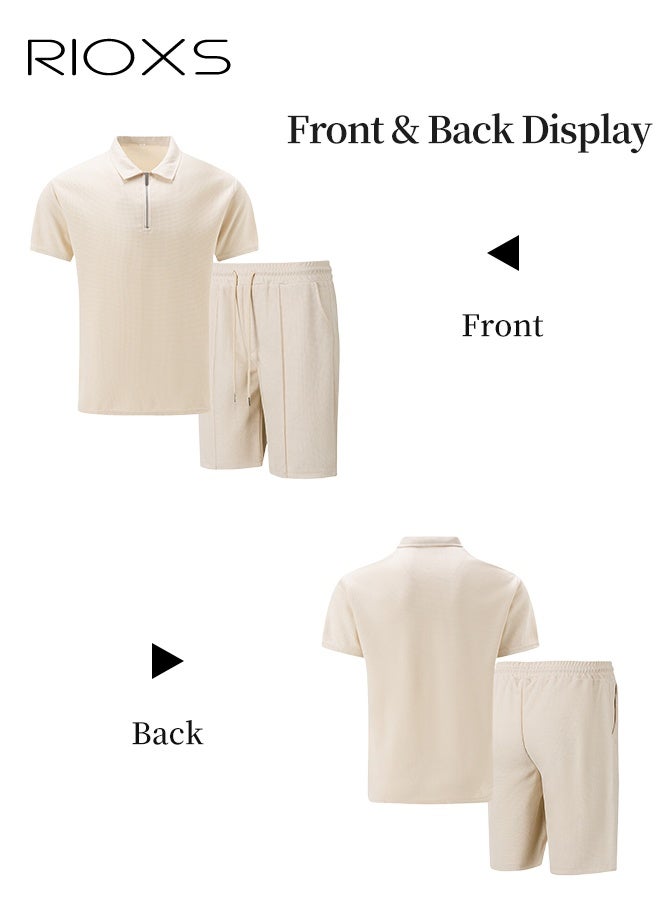 RIOXS Men's Outfits Set, 2 Piece Casual Tracksuit, 1/4 Metal Zipper Polo Shirt And Shorts, Knit Short Sleeve T Shirt And Drawstring Shorts with Side Pockets, Fashion Set for Work or Daily Wear, Golf Course Outfits, Khaki Leisure Clothings for Men  - Image 2