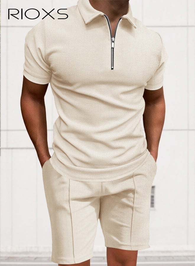 RIOXS Men's Outfits Set, 2 Piece Casual Tracksuit, 1/4 Metal Zipper Polo Shirt And Shorts, Knit Short Sleeve T Shirt And Drawstring Shorts with Side Pockets, Fashion Set for Work or Daily Wear, Golf Course Outfits, Khaki Leisure Clothings for Men - Image 3