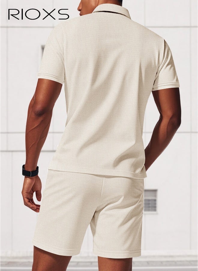 RIOXS Men's Outfits Set, 2 Piece Casual Tracksuit, 1/4 Metal Zipper Polo Shirt And Shorts, Knit Short Sleeve T Shirt And Drawstring Shorts with Side Pockets, Fashion Set for Work or Daily Wear, Golf Course Outfits, Khaki Leisure Clothings for Men - Image 2