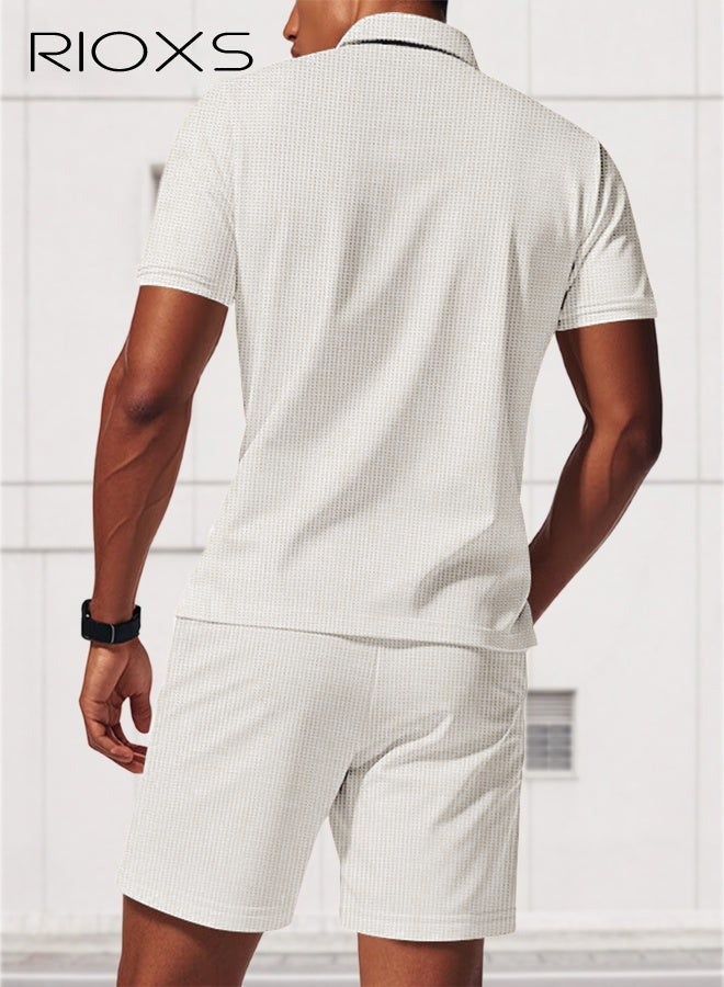 RIOXS Men's Outfits Set, 2 Piece Casual Tracksuit, 1/4 Metal Zipper Polo Shirt And Shorts, Knit Short Sleeve T Shirt And Drawstring Shorts with Side Pockets, Fashion Set for Work or Daily Wear, Golf Course Outfits, Khaki Leisure Clothings for Men - Image 2