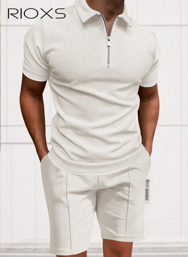 RIOXS Men's Outfits Set, 2 Piece Casual Tracksuit, 1/4 Metal Zipper Polo Shirt And Shorts, Knit Short Sleeve T Shirt And Drawstring Shorts with Side Pockets, Fashion Set for Work or Daily Wear, Golf Course Outfits, Khaki Leisure Clothings for Men - Image 3