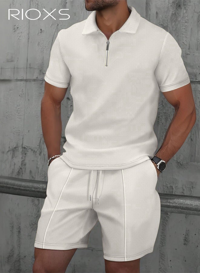 RIOXS Men's Outfits Set, 2 Piece Casual Tracksuit, 1/4 Metal Zipper Polo Shirt And Shorts, Knit Short Sleeve T Shirt And Drawstring Shorts with Side Pockets, Fashion Set for Work or Daily Wear, Golf Course Outfits, Khaki Leisure Clothings for Men - Image 1