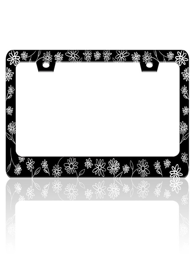 TINALUIN Black and White Daisies License Plate Frame Flower Art License Plate Holder for Front and Rear Car Tags Stainless Steel Funny Car Decoration with Screws 6.3 X 12.2 in - Image 1