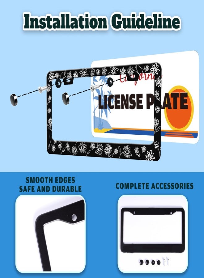 TINALUIN Black and White Daisies License Plate Frame Flower Art License Plate Holder for Front and Rear Car Tags Stainless Steel Funny Car Decoration with Screws 6.3 X 12.2 in - Image 4